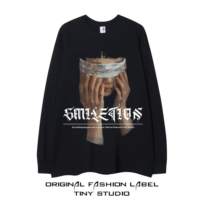 Street Style Oversize Long Sleeve T-Shirt Casual Loose Couple High Street Hip Hop Dark Retro American Style Silk Top