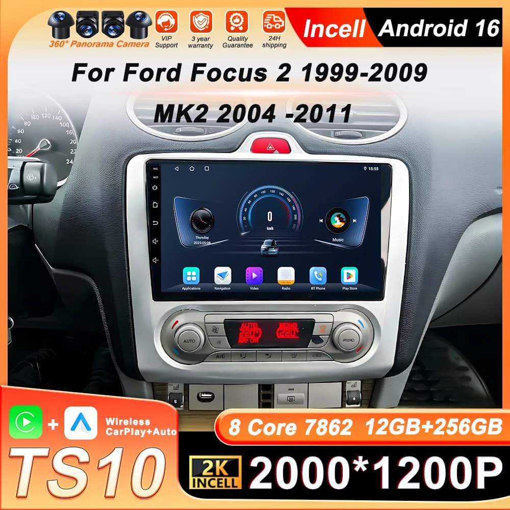 Android 16 For Ford Focus 2 1999-2009 MK2 2004 -2011 9inch Screen Car Radio Player Wireless Carplay Stereo Head Unit GPS Navi BT