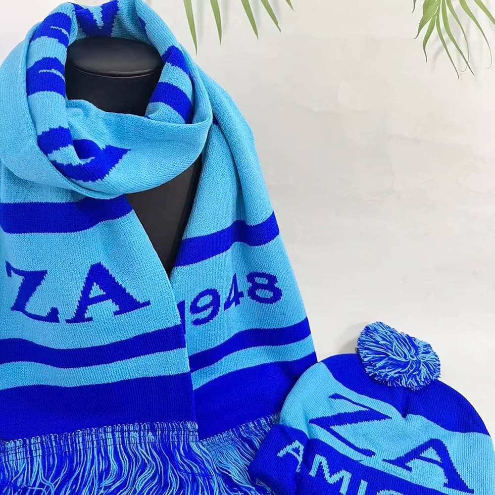 Light blue and royal blue ZA 1948 knitted scarf and hat set