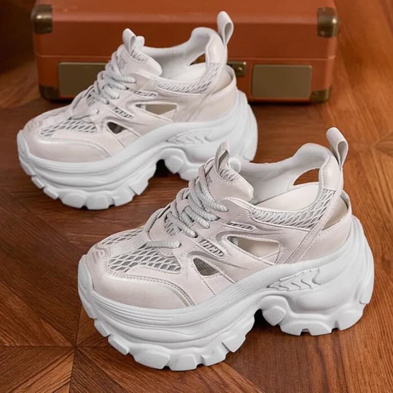New Breathable Leather Women Sandals Vulcanized Mesh Chunky Shoes 9CM Platform Gladiator Shoes High Heels Casual Summer Sneakers