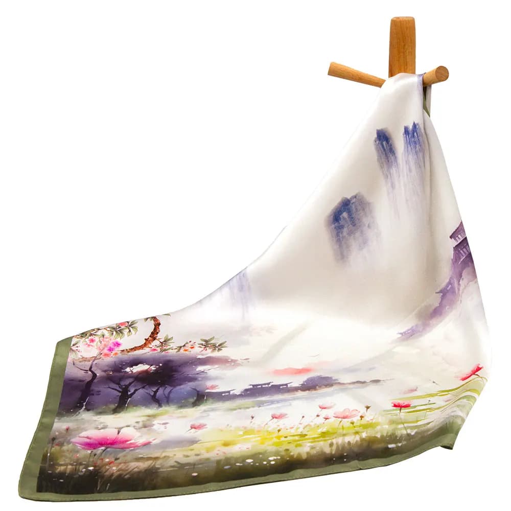 53cm 100% Real Silk Women's Scarf Foulard Elegant Square Brand Luxury Bandana Gift for Children Chinese Ink Landscape Painting