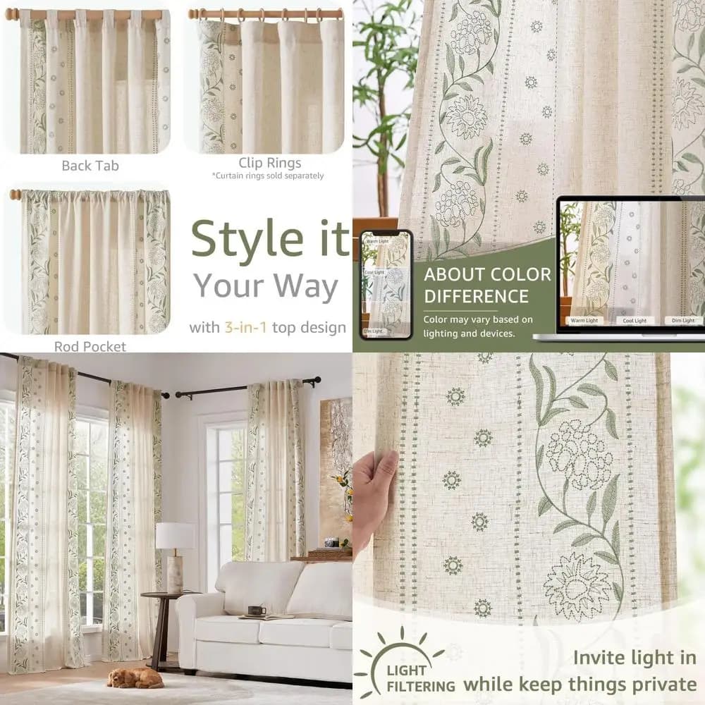 96 Floral Embroidered Curtains for Bedroom, Filter Light, Drappeggi Beige Salvia, 2 Panels