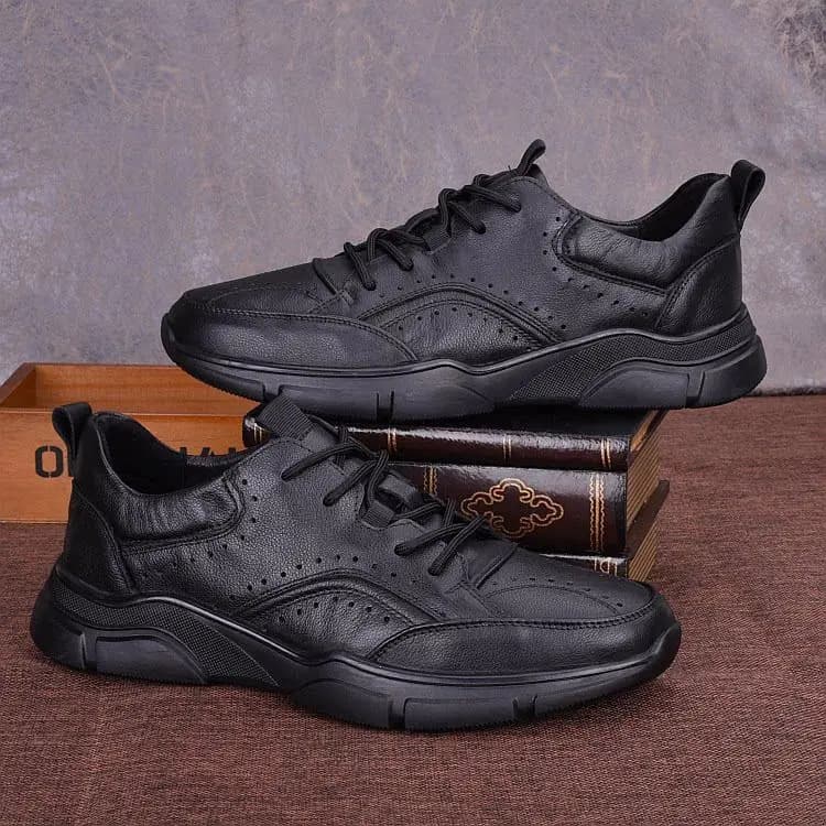 Men Spring Casual Leather Sneakers, Breathable Genuine Full Grain Cowhide Walking Shoes, Soft Leather Soft Sole Daily Comfort Dr