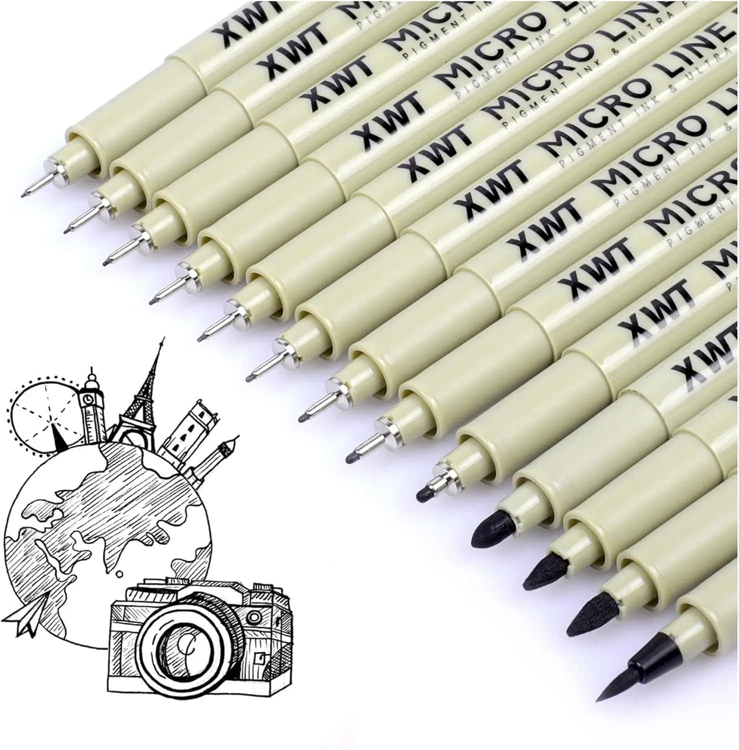 13-Piece Fineliner Drawing Pens Set, Black Waterproof Pigment Ink for Artists Sketching Manga Watercolor Calligraphy Outlining