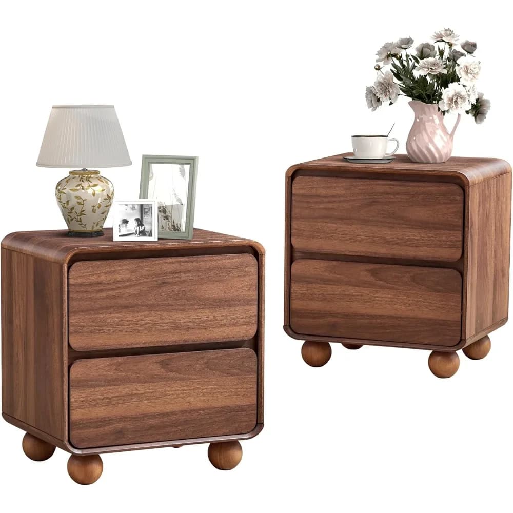 Set di 2 Comodini Piccoli, Comodini Moderni Stile Mid-Century con 2 Cassetti e Gambe in Legno Massello, Personalizzabili