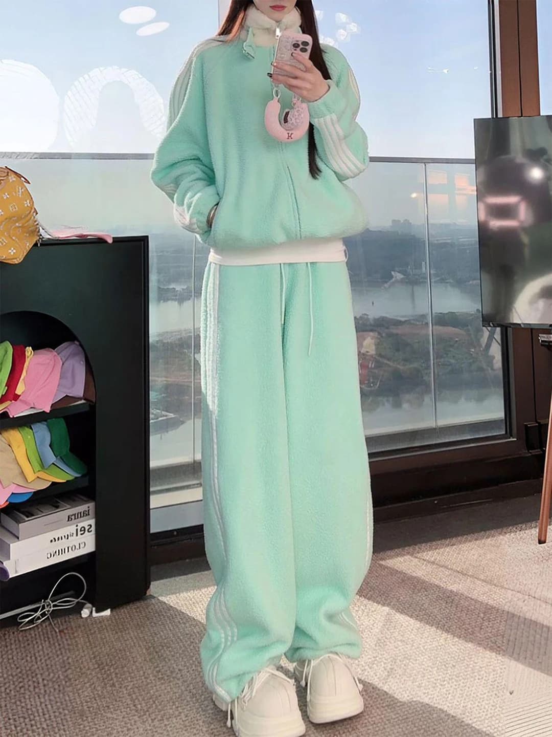 Felpa con cappuccio foderata Thiened Fce da donna e pantaloni a gamba larga Set completo casual caldo invernale Pantaloni a vita alta Chiusura con cerniera