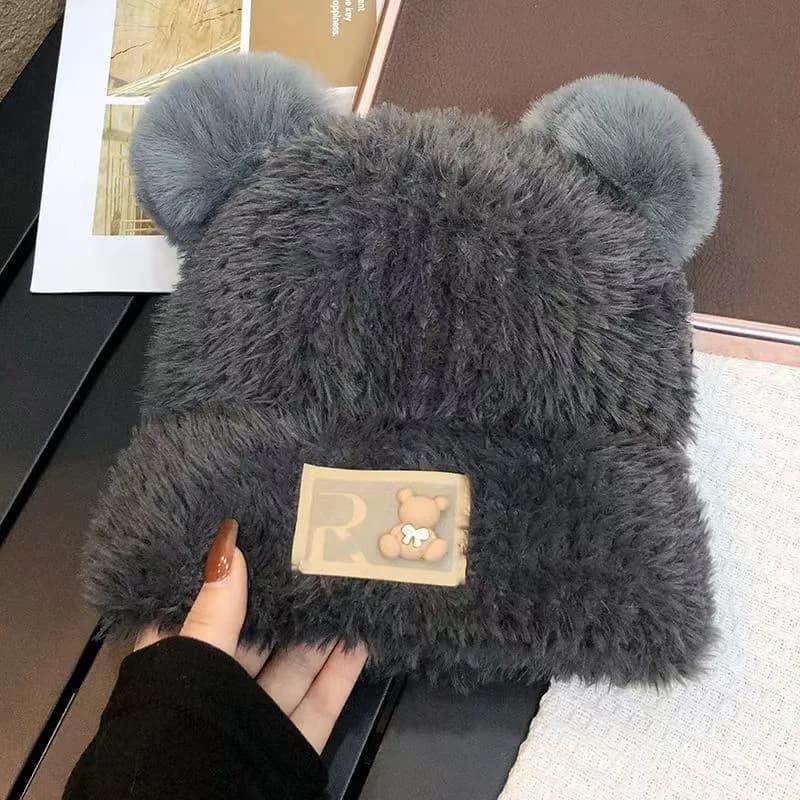 Letter Bear Ears Knitted Cute Woolen Hat Winter Cat Ears Beanie Woman's Hats All-Match Lovely Cap Autumn Cute Popular Hat Gift
