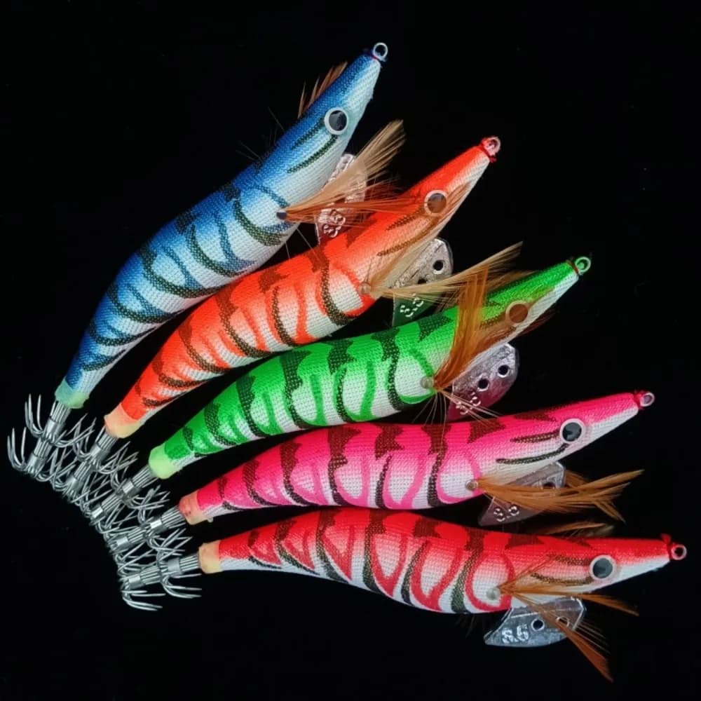 5 pz 12g 14.5g 19.9g Luminoso Calamari Jig Pesca Legno Gamberetti Richiamo Calamari Seppie Maschere Esche Spinnerbait Gamberetti Per La Pesca In Mare