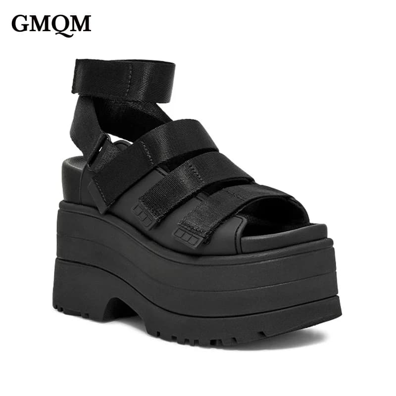 GMQM Sandali con fondo spesso romano Pantofole Donna 2025 Estate Nuovi due Indossare Altezza Aumenta Sandali moda casual in velcro con punta aperta