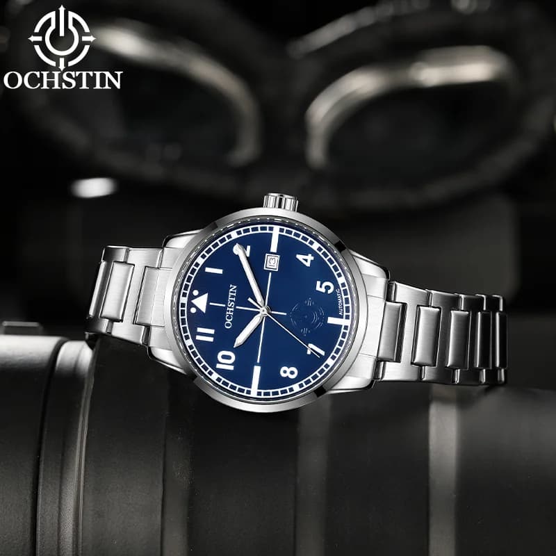 OCHSTIN Men Commander Series Automatic Mechanical Wristwatch Polished Stainless Steel Strap Waterproof Business Male Watch