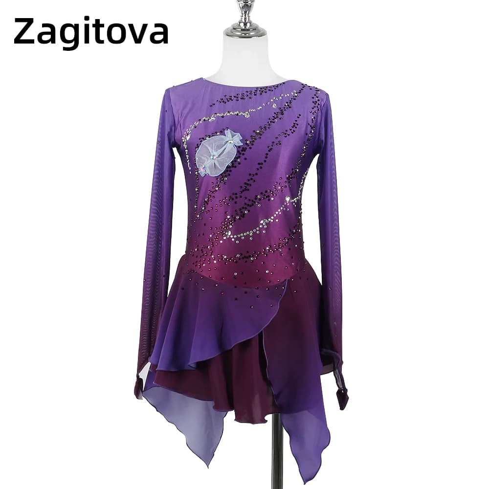 Zagitova Abito da pattinaggio di figura Gonna da pattinaggio su ghiaccio per donna e ragazza Gonna a maniche lunghe in rete sfumata viola