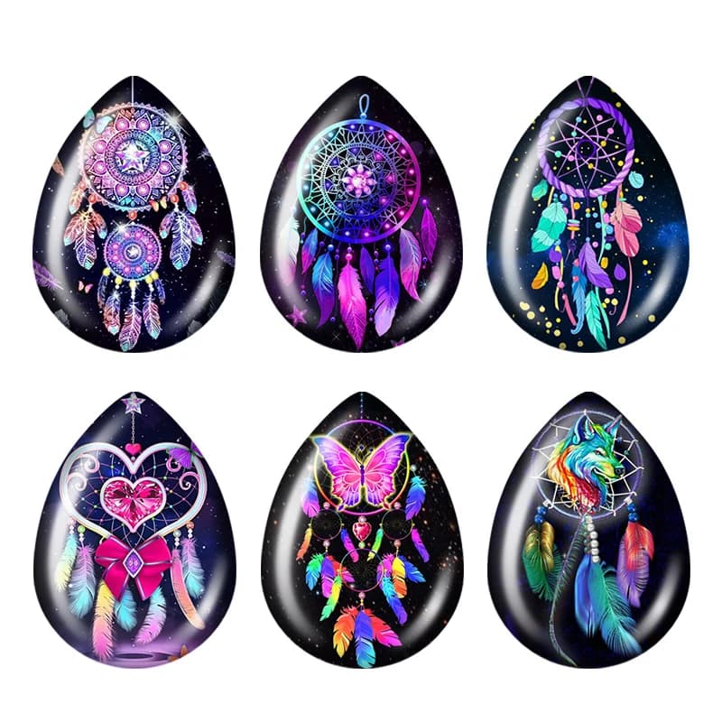 5pairs Moon Dream catcher Feather Patterns teardrop shape Photo Glass cabochon flat back For DIY Jewelry base Making Findings