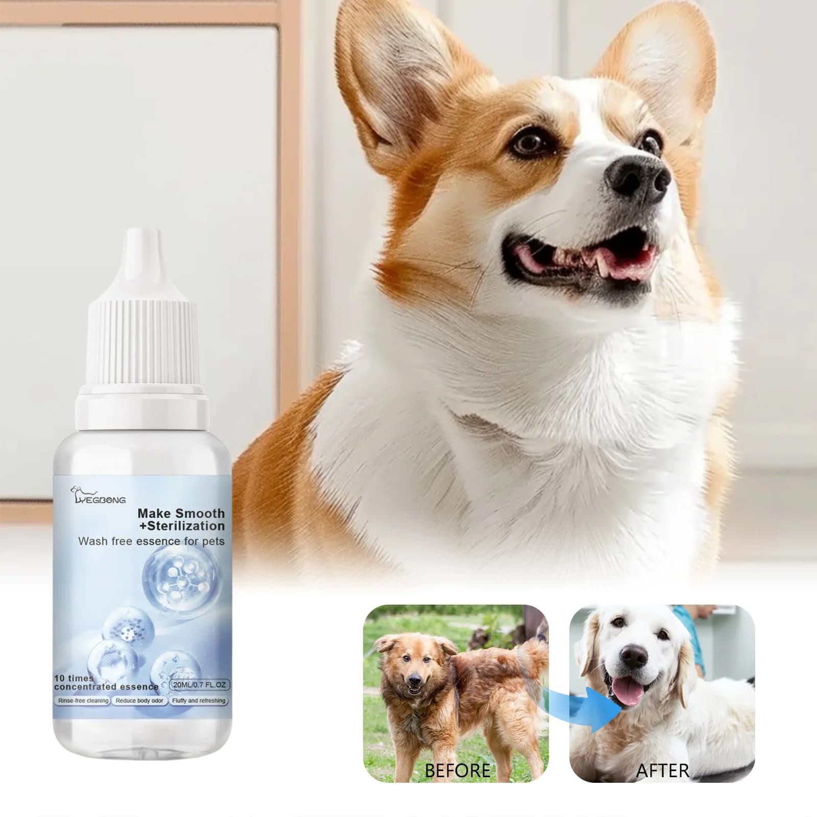 Essenze liquide Yegbong Pet Wash Free per cani: deodoranti, idratanti, rinfrescanti, profumati, nutrienti, ammorbidenti, senza bisogno di lavaggio.