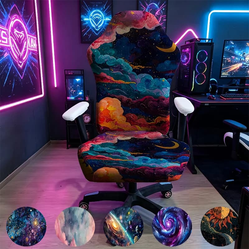 Oil Painting Starry Sky Colorful Clouds Gaming Chair Cover, Stretch Elastic Anti-Scratch Slipcover for Gamer & Office Chair