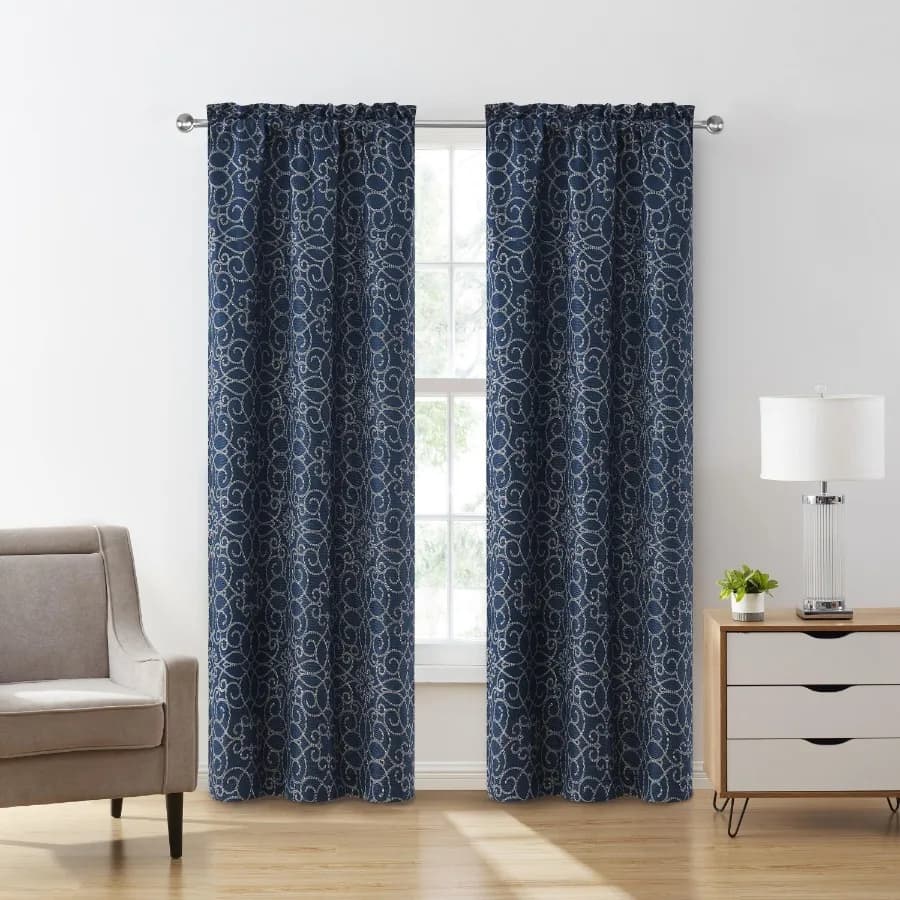 Versailles Navy Scroll Rod Pocket Blackout Curtain Panel 52" x 84"