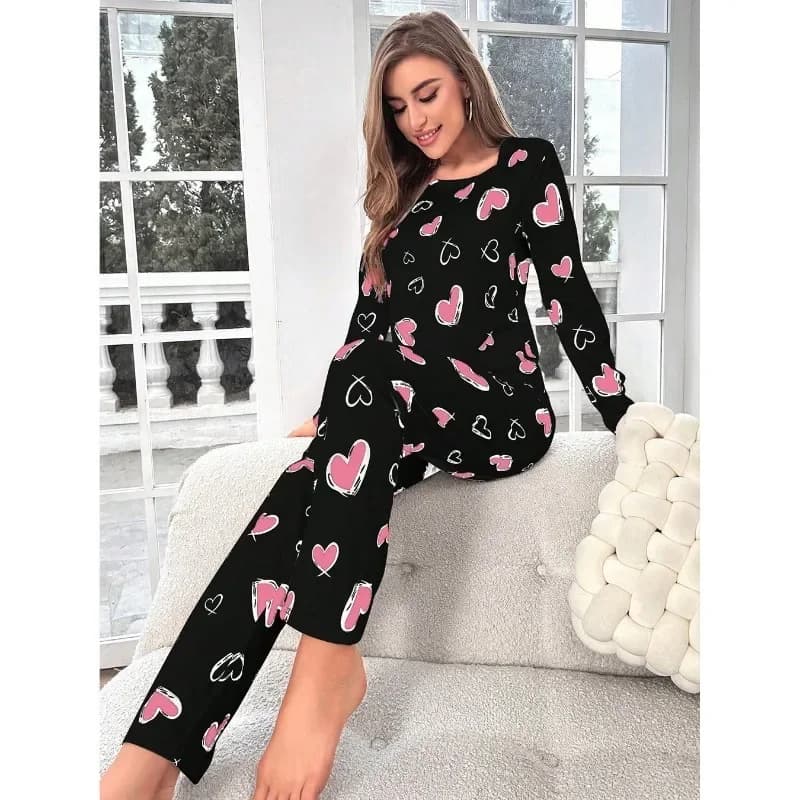 Indumenti da notte da donna Nero Love Print Pantaloni a maniche lunghe Studente Pigiama da casa Set Ragazza O-Collo Moda Morbida biancheria da notte casual