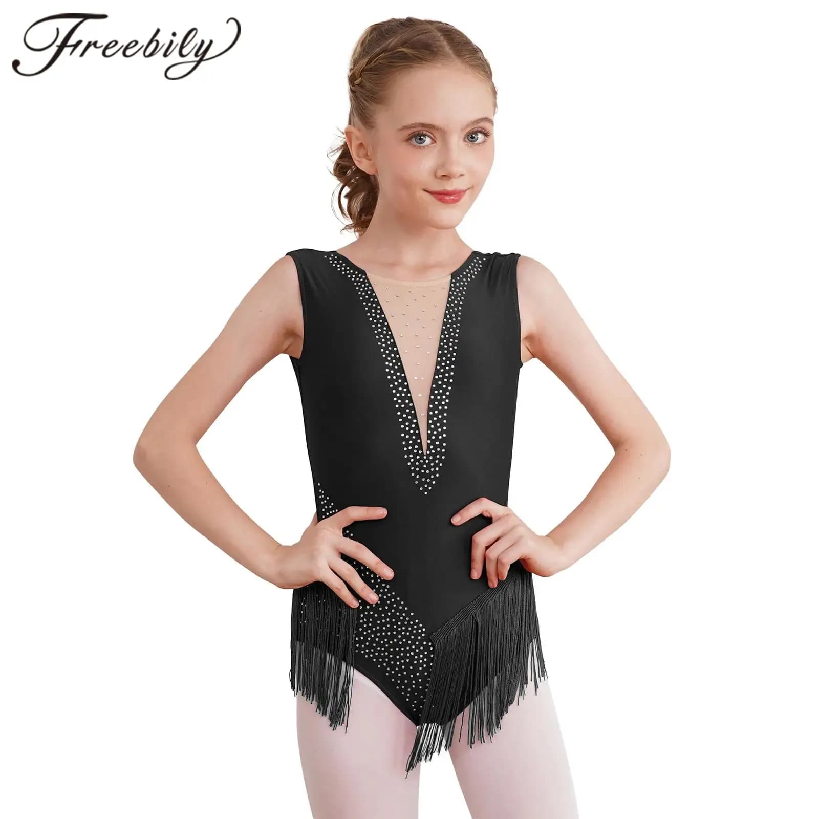Kids Teens Shiny Tassel Leotard Ballet Latin Dance Figure Skating Bodysuit for Girls Children's Rhythmic Gymnastics Jumpsuit