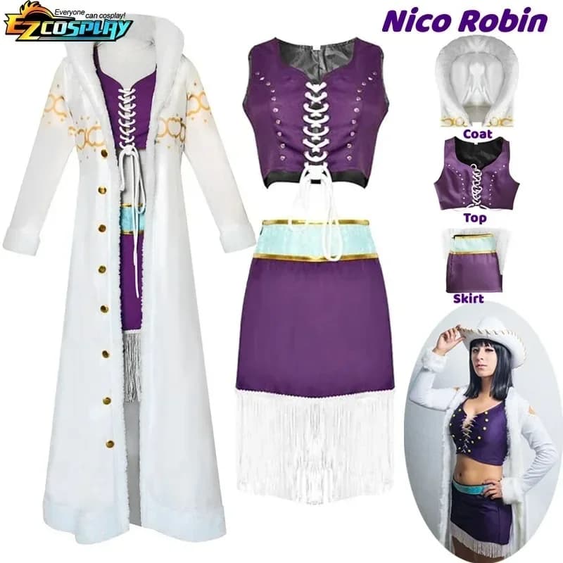 Anime Inspired Nico Robin Costume Women Purple Dress Uniform Long Fur Collar White Cloak Outfit Halloween Role Play Outfit