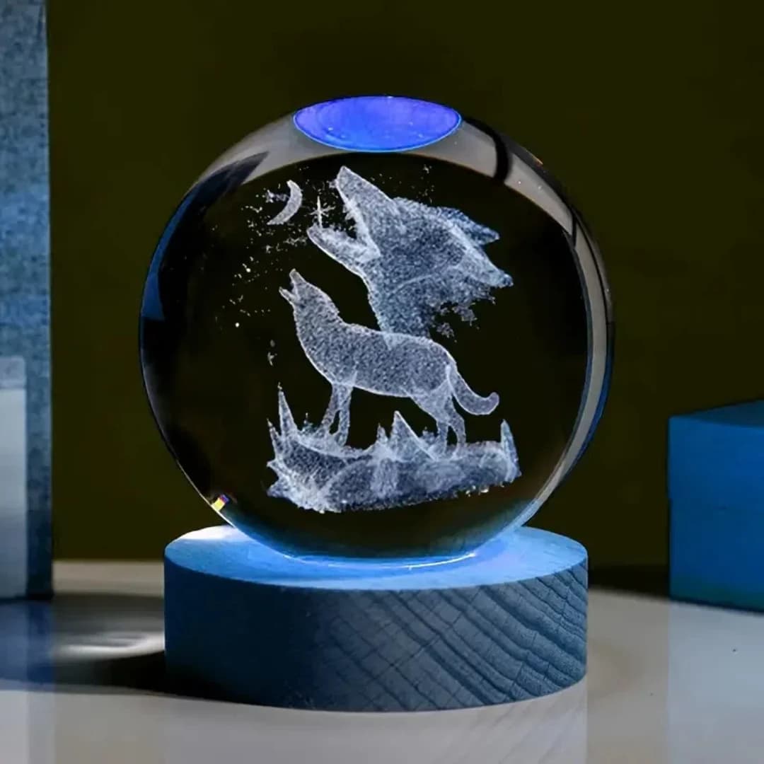 Sfera di cristallo intagliata al laser 3D da 1 pezzo con motivo lupo, adatta per la decorazione della casa del soggiorno della camera da letto