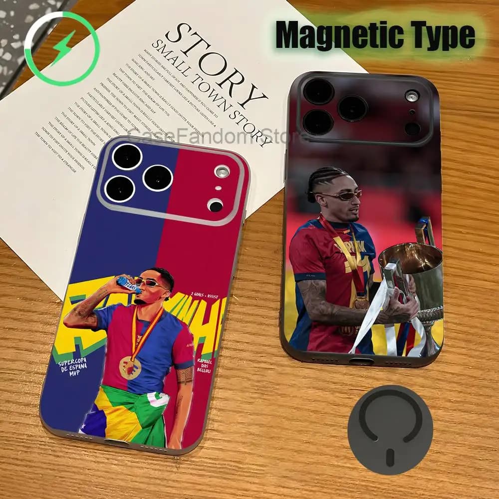 Custodia Trasparente Grigia per iPhone 17,16,15,14,13,12Pro,Max,Plus con Ricarica Wireless Magnetica, B-Brazil R-Raphinhas 11 Football