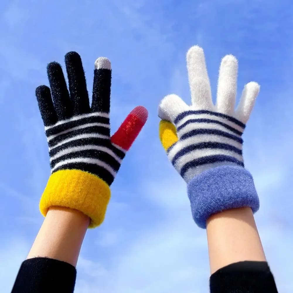 Simpatici guanti lavorati a maglia con touchscreen Guanti a dita intere ispessiti a righe Guanti antivento Sport all'aria aperta