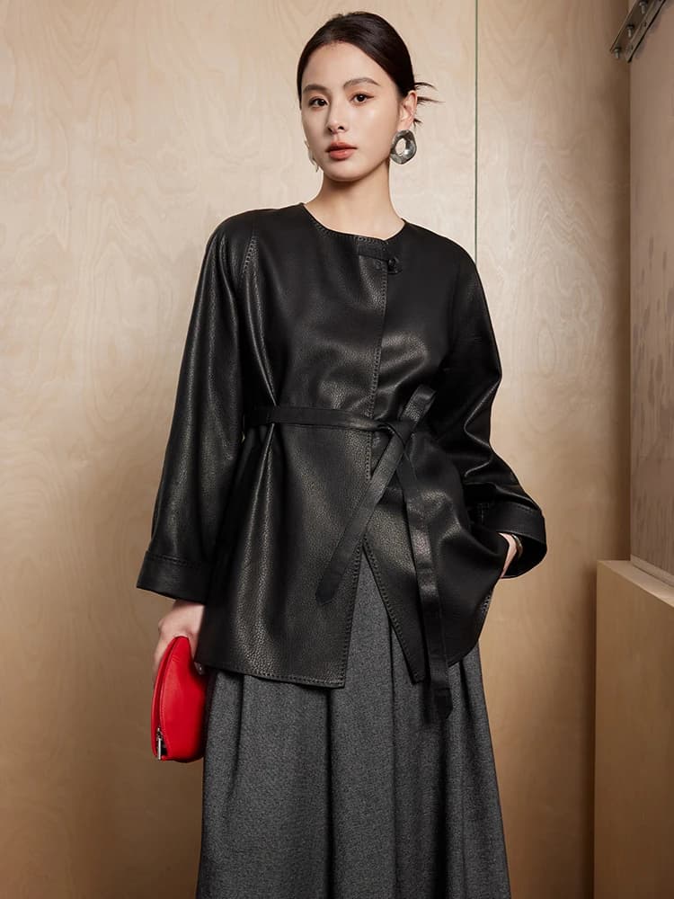 Black Goatskin Leather Coat Women Crew Neck Concealed Snap Belted Mid-Length Cuffed Sleeves Elegant Spring Fall Outerwear