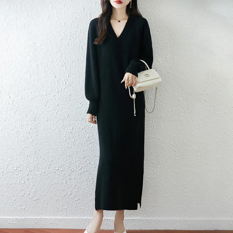 Yoyoselect Abito da donna in lana merino al 100% con scollo a V ispessito Abito dritto con spacco alla caviglia Autunno Inverno Maglieria morbida e calda