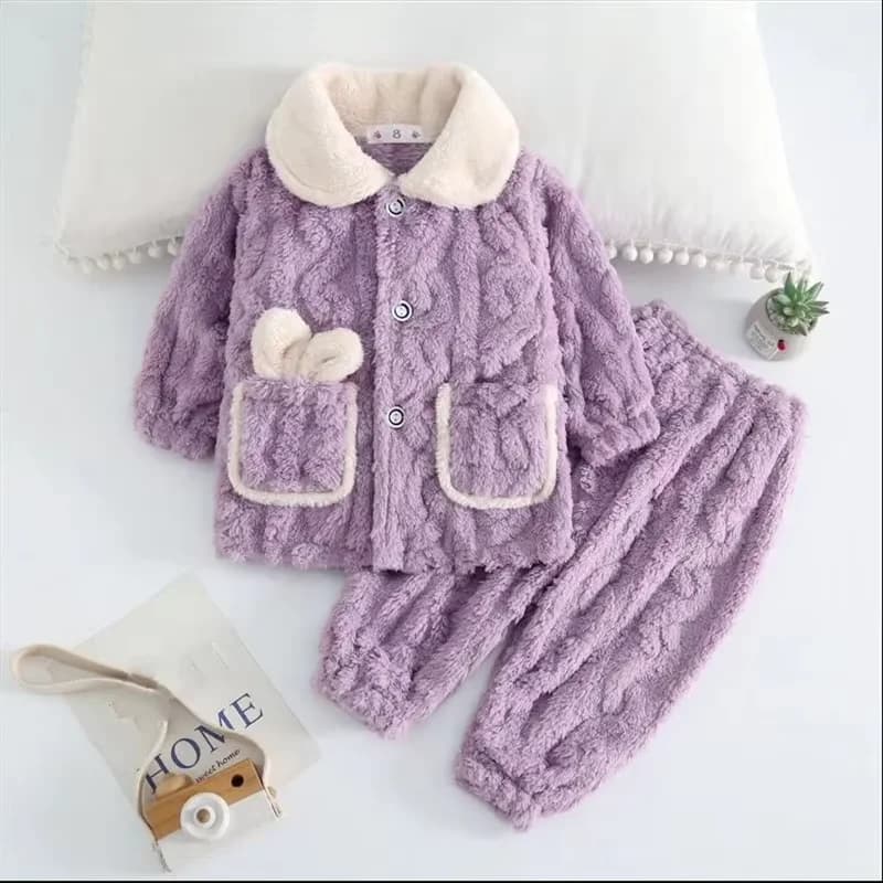 Pigiama Invernale per Bambine, Set con Colletto in Peluche Corto e Bottoni, Stile Dolce, Pantaloni con Coulisse, 1-12 Anni