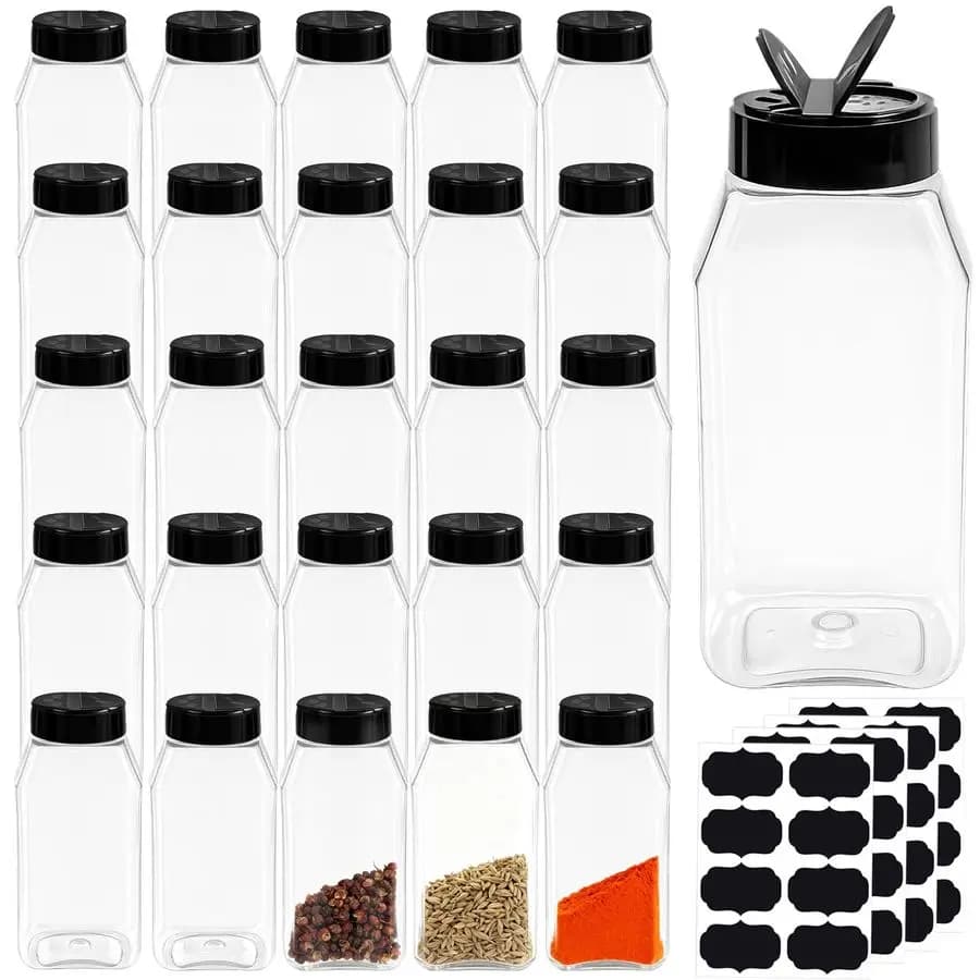 Set di 28 Barattoli per Spezie in Plastica da 16 Oz con Tappo Nero, Contenitori Vuoti per Condimenti, Grandi Shaker Trasparenti per Spezie con Etichette