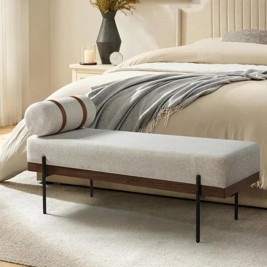 48 Inch Entryway Bench With Removable Pillow,Upholstered Fabric Bench With Metal Legs For Bedroom And Living Room Entryway,Ivory