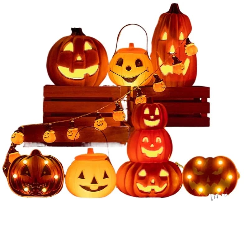 Layout della scena della decorazione dell'atmosfera del negozio di feste di Halloween, ornamento luminoso del ragno della stringa delle luci della zucca