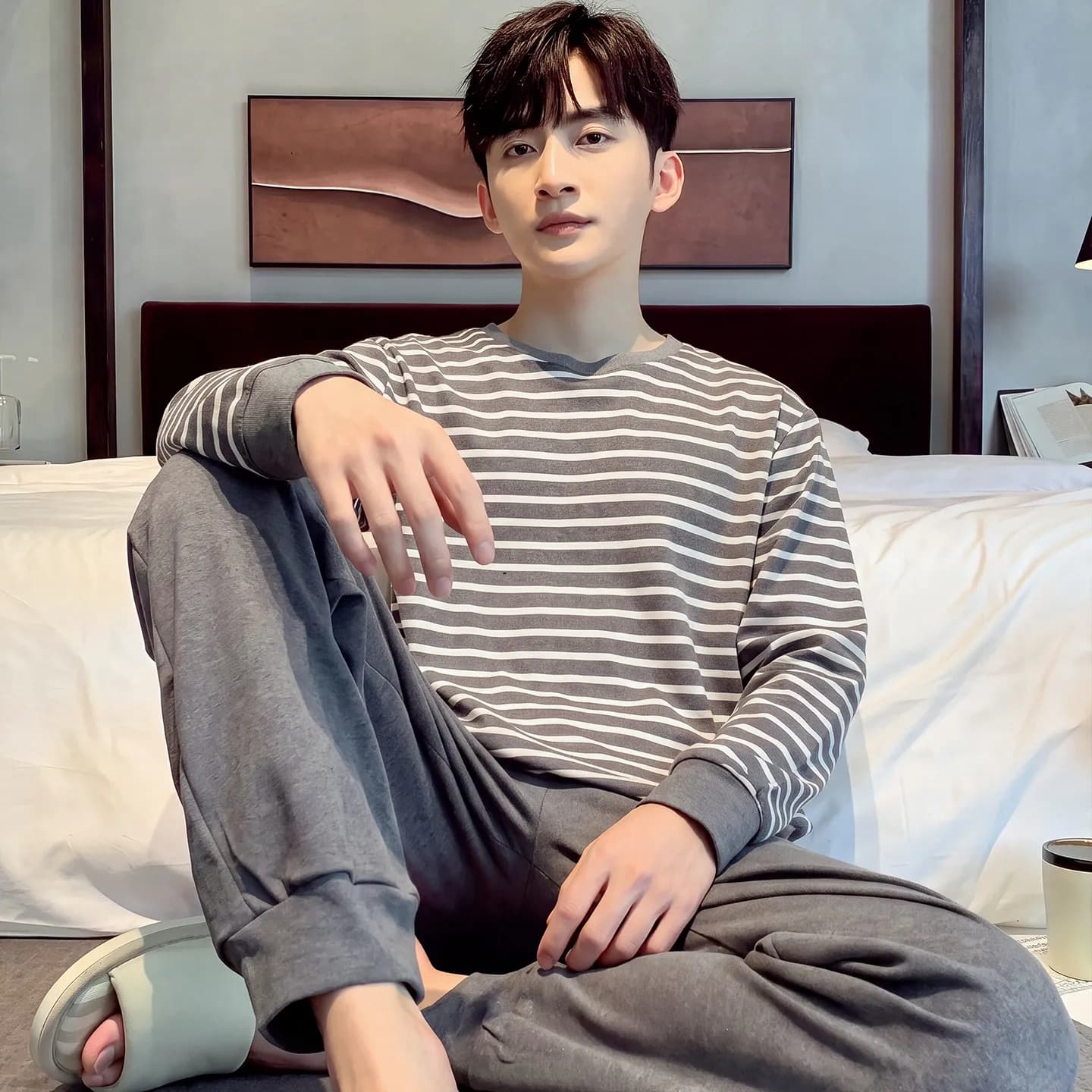 Korean Fashion New Arrival Pullover Striped Pajamas For Men Long Sleeve Long Pants 2Pcs/set Teenagers Casual Home Wear Hombre