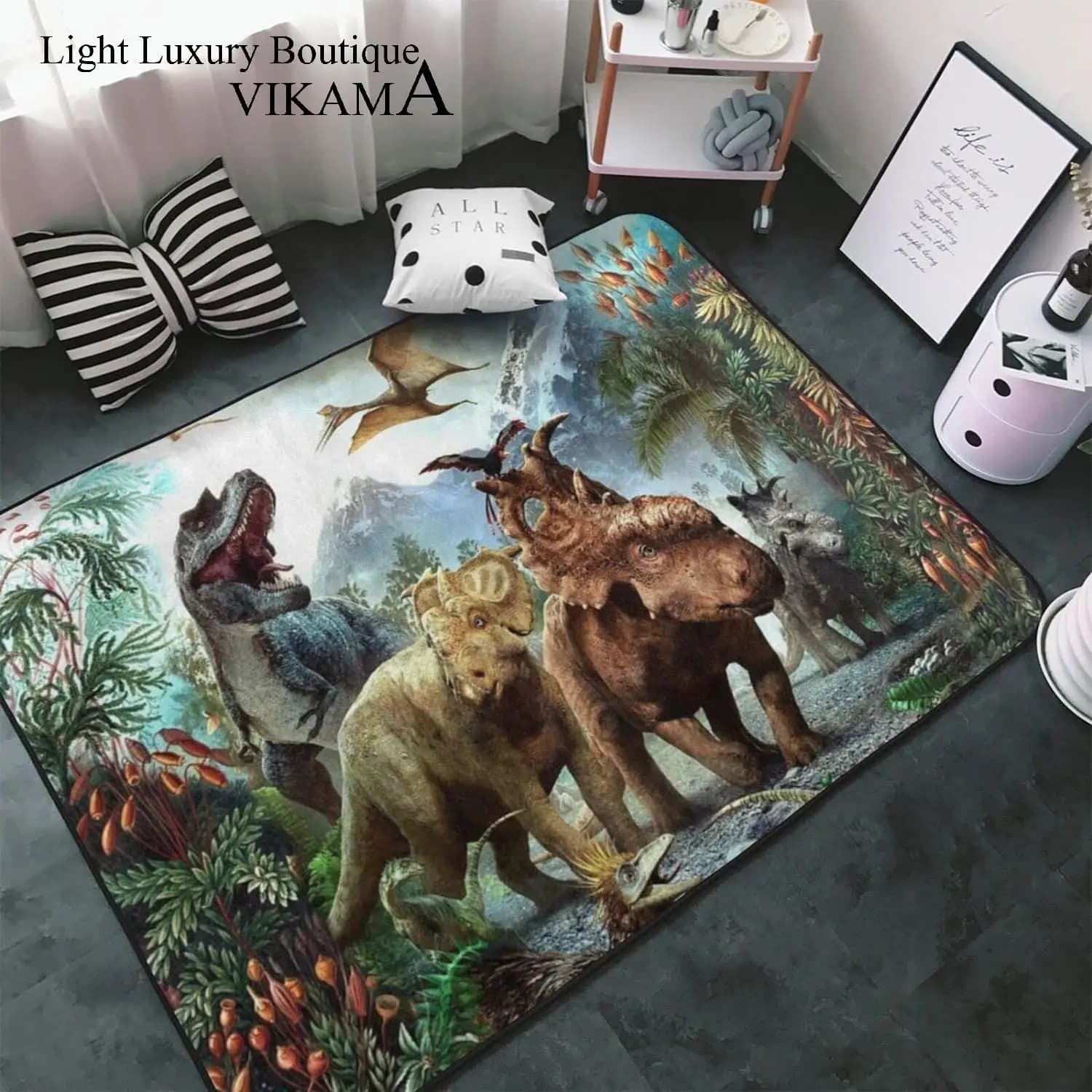VIKAMA 3D Dinosaur Cartoon Flannel Carpet Bedroom Living Room Office Sofa Floor Mat Bedside Rugs Easy Care Home Decoration