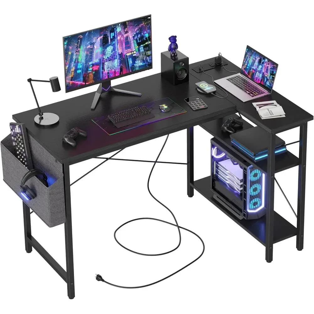 Scrivania da Gaming Compatta a L da 47 Pollici con Prese di Corrente, Ideale per Piccoli Spazi, Nera