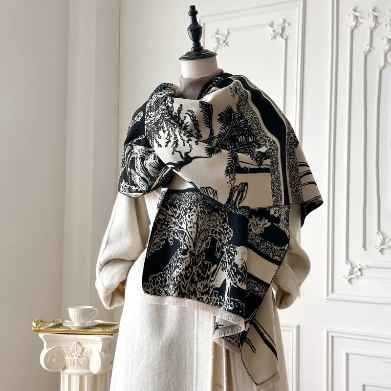Women's scarf in fake cashmere, high-end winter scarf cashmere effect, shawls with forest animal pattern