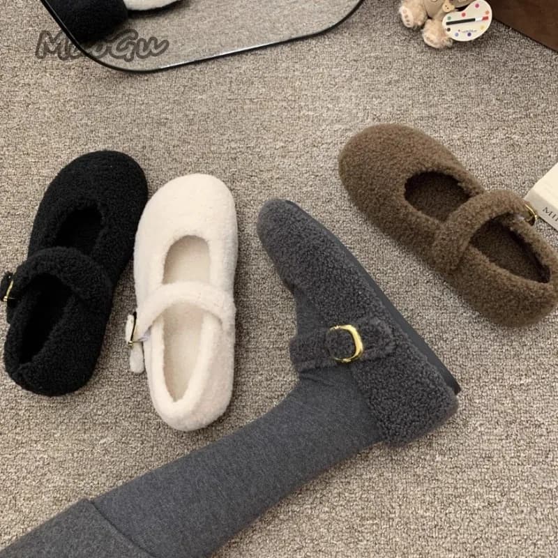 Women's Autumn Winter Fur Shoes Mary Jane Women's Low Moccasins Warm and Concrete Low Shoes Women's Cotton