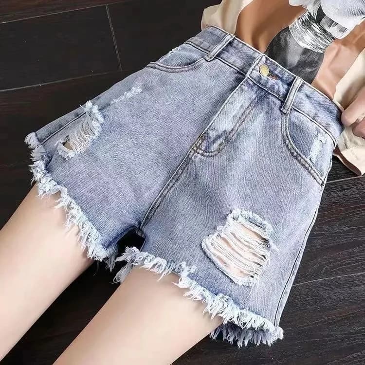 Women Light Wash High Waist Denim Shorts Distressed Ripped Fringe Raw Hem Short Jeans Summer Casual Hot Pants