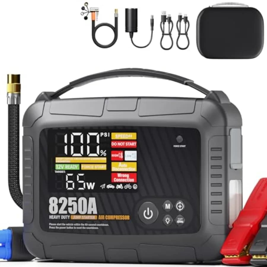 JFEGWO CS02 - Avviatore di Emergenza Professionale con Compressore d'Aria per Tutti i Motori a Benzina/Diesel 12L 118Wh 150PSI, Avviatore Portatile per Auto e Camion 12V al Litio