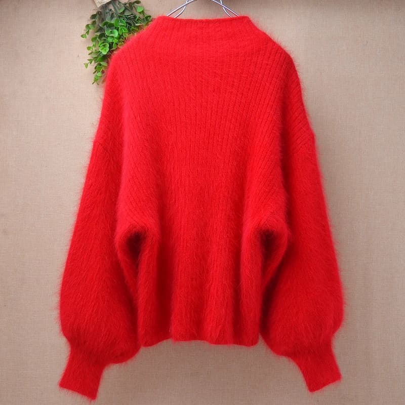 Women Super Fluffy Long Hair Mink Fur Sweater Mock Neck Lantern Puff Sleeve Oversized Loose Knit Pullover Bright Red Warm Winter