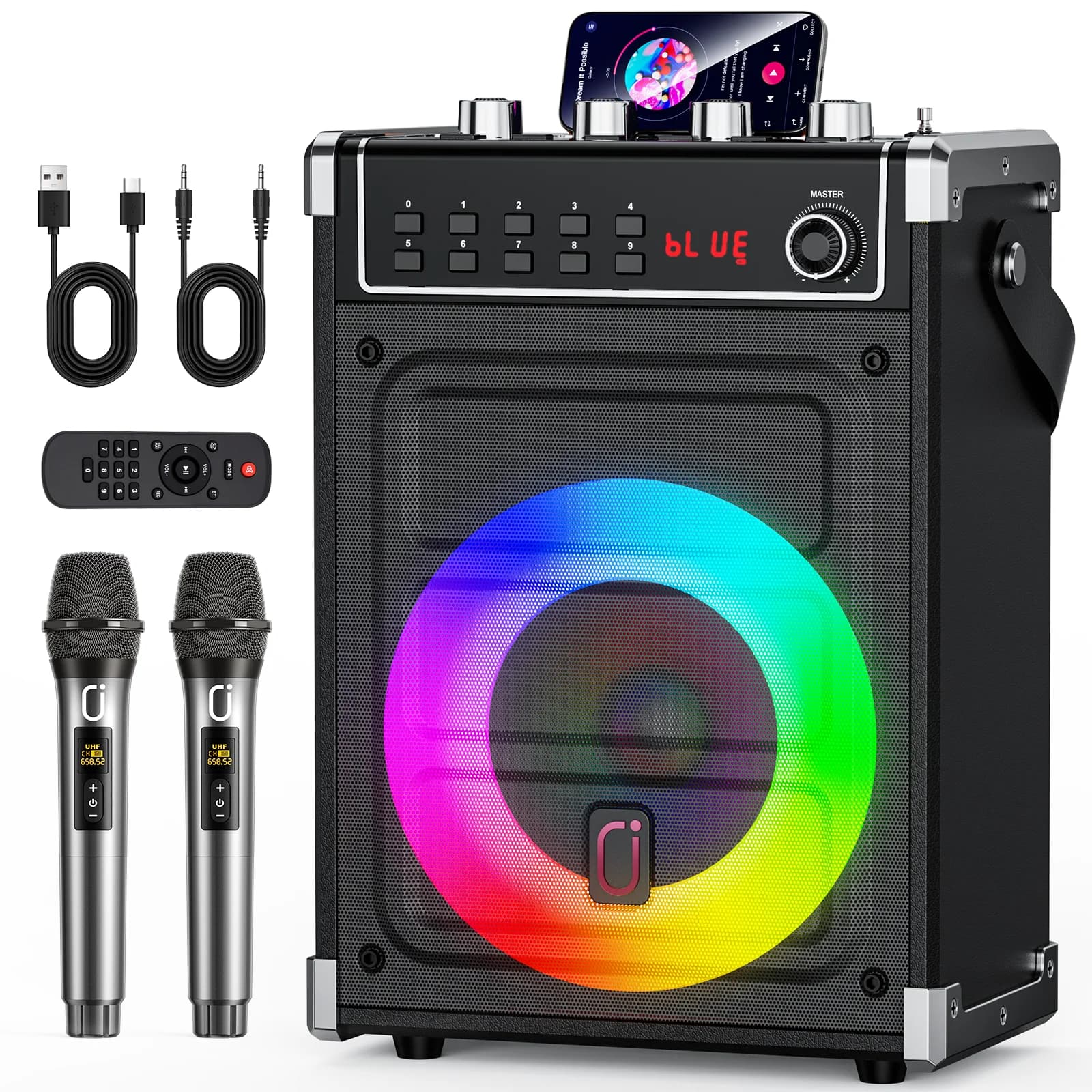 Macchina per Karaoke con 2 Microfoni Wireless, Supporto TWS, Ingresso AUX, FM, Sistema PA con Telecomando, Ideale per Feste/Adulti/Bambini