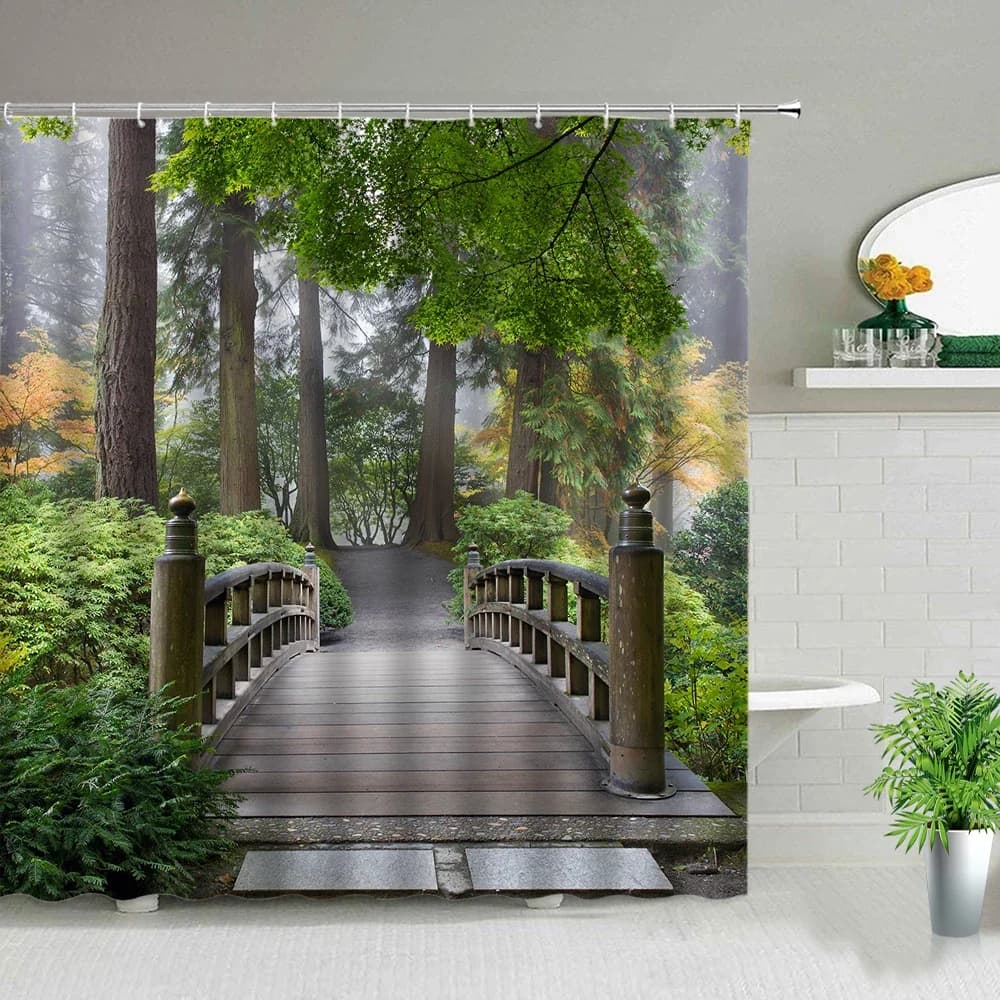 Set di tende da doccia a tema ponte in legno foresta in stile cinese Paesaggio primaverile Paesaggio naturale Tende da bagno impermeabili stampate in 3D