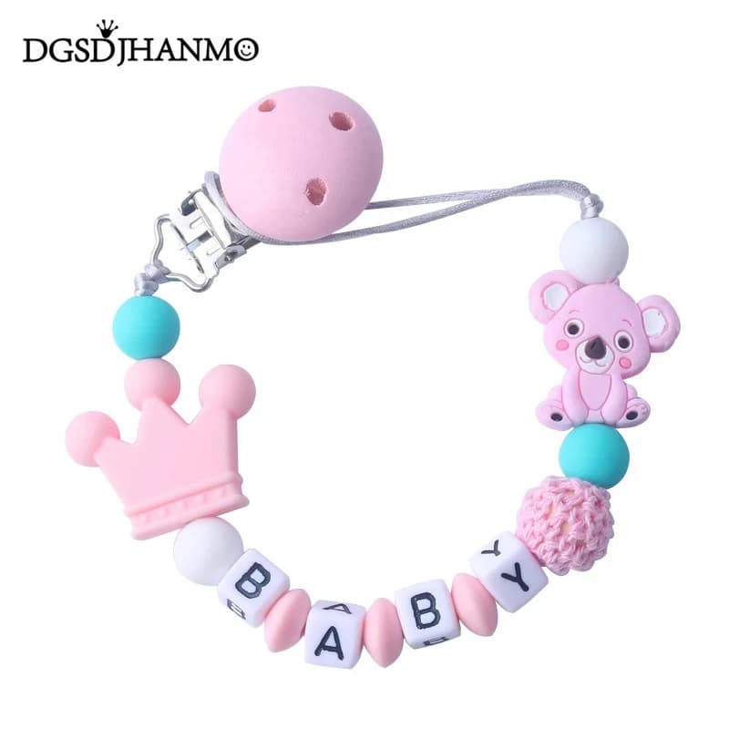 Clip per ciuccio per bambini in silicone con nome personalizzato gratuito fatto a mano, corona in silicone, porta ciuccio per koala, denti sicuri per bambini