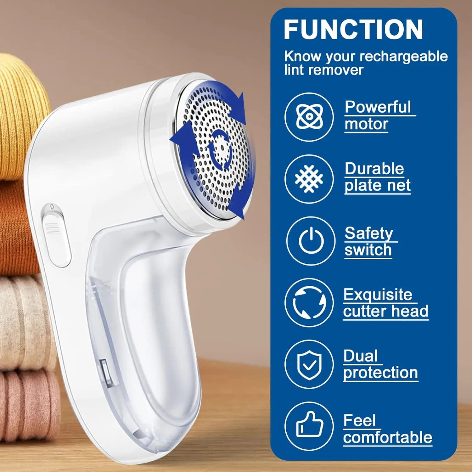 Fabric Shaver, Rechargeable Lint Remover, Portable Lint Sweater Shaver with Stainless Steel 3-Leaf Blades, Removable Bin