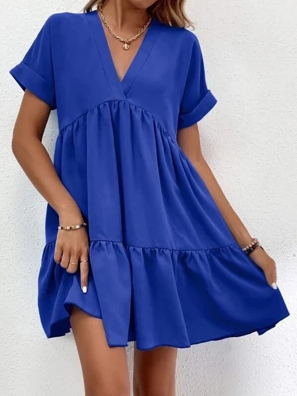 Summer New Style Short Skirt Dress Women Sweet V-neck Color Casual Full Skirt Dress Commute Simple Polyester...