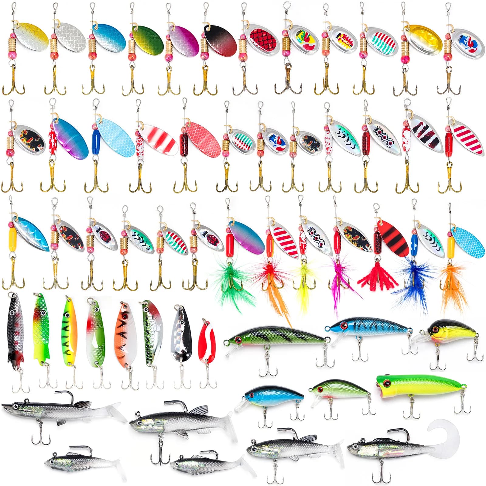 12/60 pieces fishing bait with box for equipment included trout bait tail spinner baits soft baits for fresh water salted water