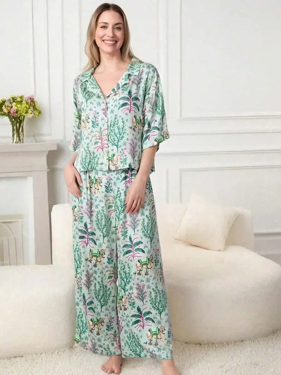 Women 2 Piece Floral Print 3/4 Sleeve Pajama Set Loose Sleepwear