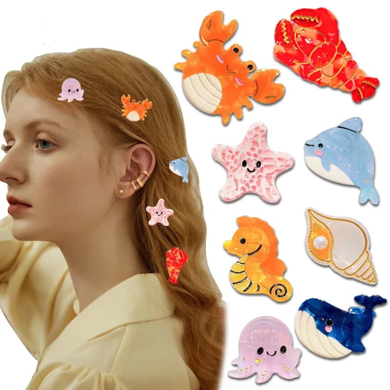Funny Ocean Animals Hair Clip Cartoon Shark Starfish Conch Octopus Hairpin Under The Sea Happy Summer Birthday Party Decor