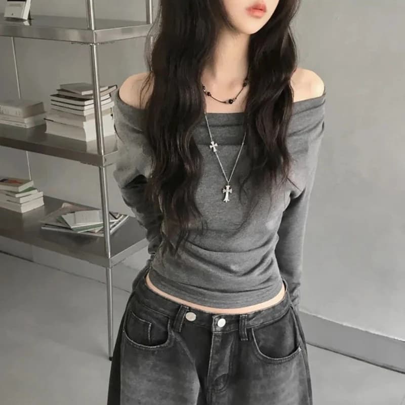 Deeptown T-shirt da donna eleganti grigie con spalle scoperte Manica lunga Moda coreana T-shirt slim Estetica Solid Basic Casual All-match