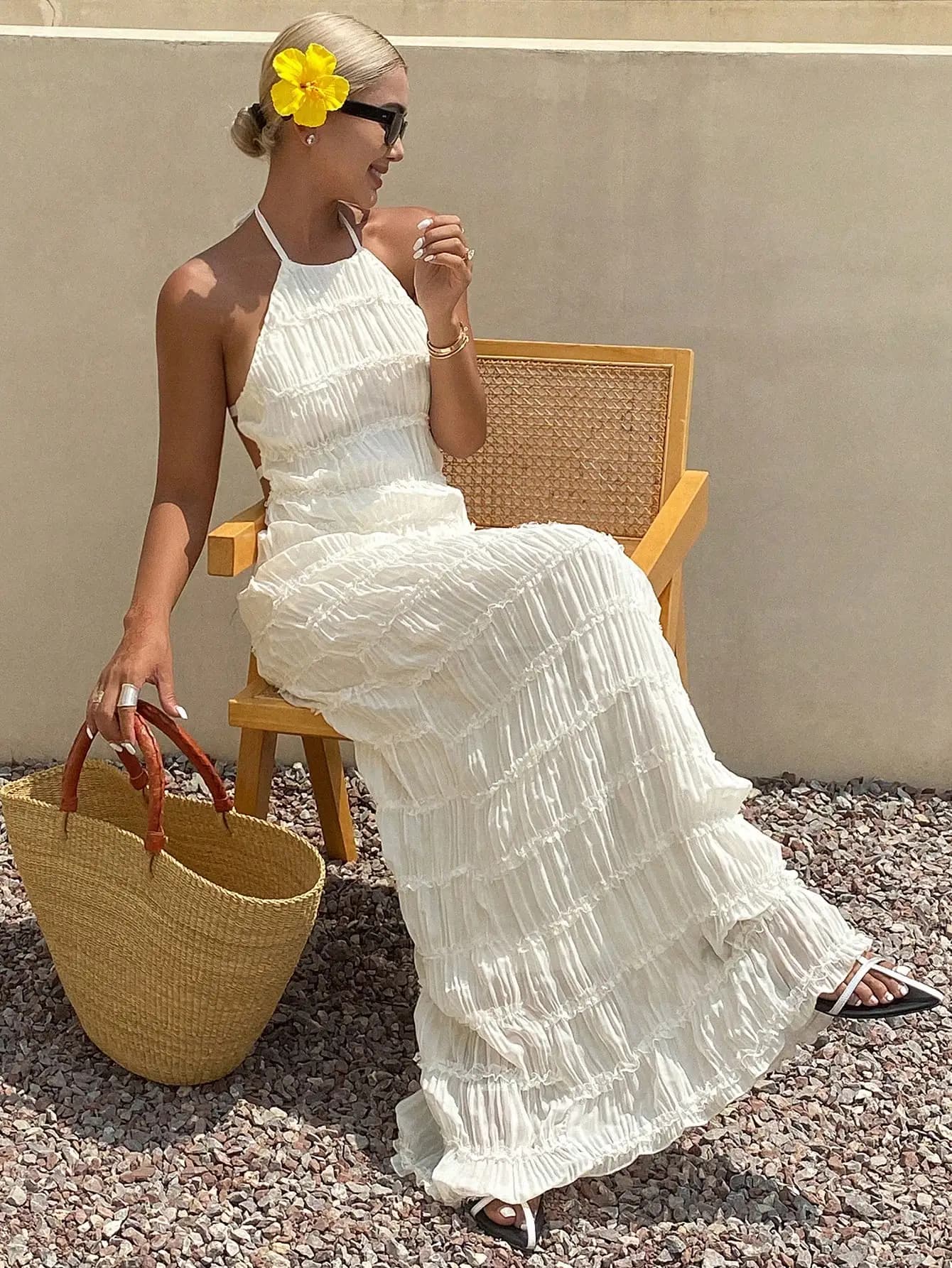 Women's Halter Neck Ruched Tiered Long Dress For Vacation Beach Style