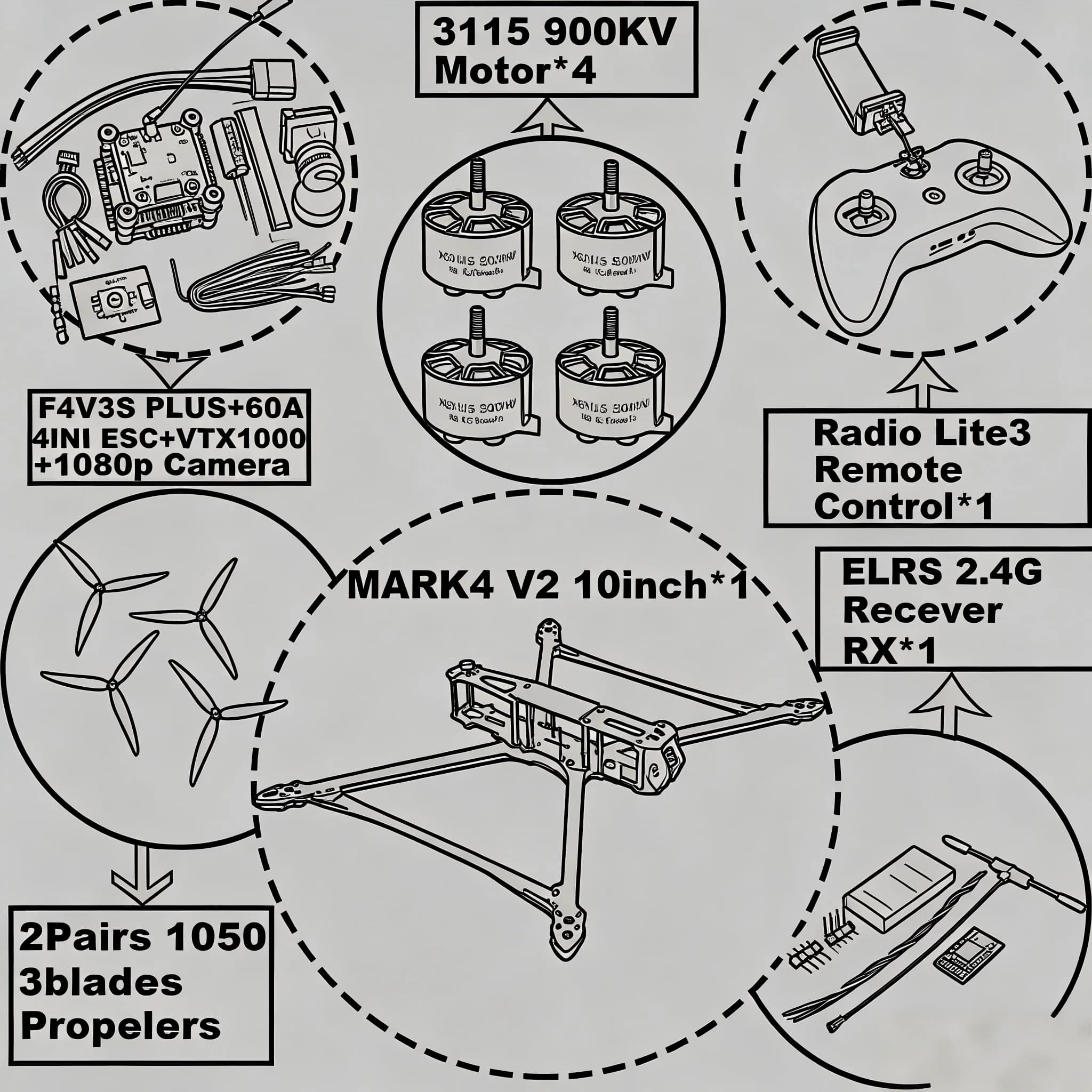 Drone da corsa FPV in fibra di carbonio F4V3S/F4V3S PLUS con controllo di volo MARK4 V2, ESC 4INI da 10 pollici 45/60A, per Freestyle e Racing